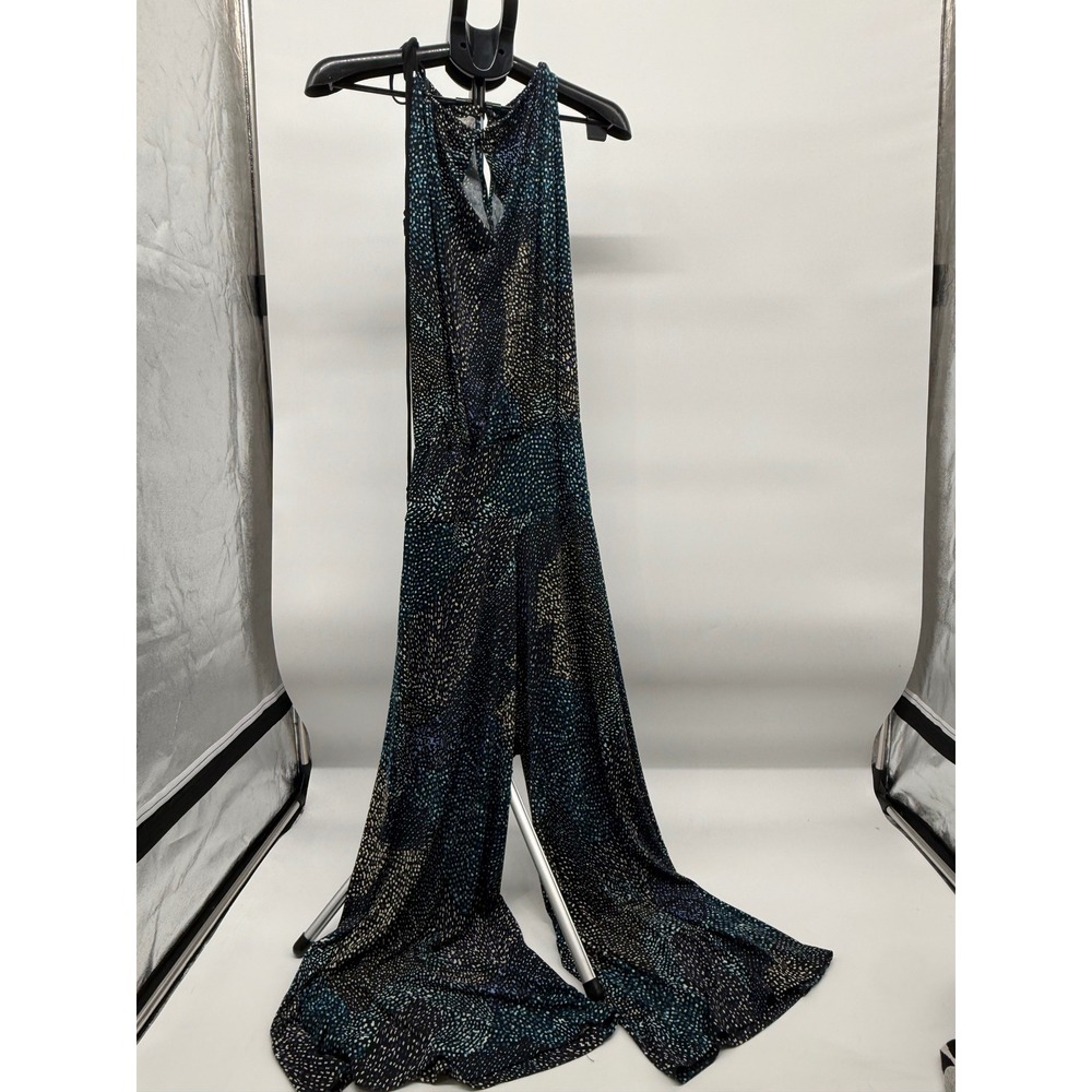Julian Chang Blue Black Mosaic Print Halter Wide Leg Jumpsuit Womens Small